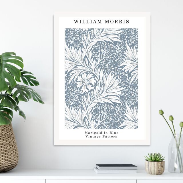 ARTZE William Morris Marigold in Blue Art Print / White Frame / SIZE: A2 in Mid Blue - Size: A4 - image 1