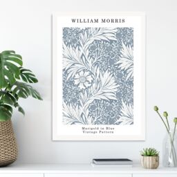 ARTZE William Morris Marigold in Blue Art Print / White Frame / SIZE: A2 in Mid Blue - Size: A4 - thumbnail 1