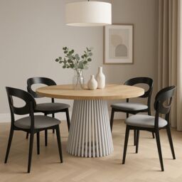 Heze Furniture Ruston Modern Round Extendable Dining Table with Slats in Light Beige - Size: 100 cm x 100 cm - thumbnail 1