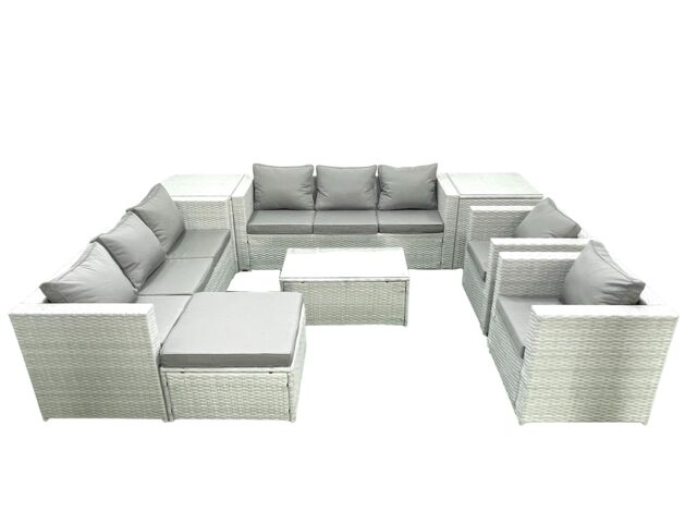 Fimous Outdoor Rattan Sofa Garden Furniture Set with 2 Armchairs Oblong Coffee Table Big Footstool 2 Side Tables Light Grey Mixed - image 1