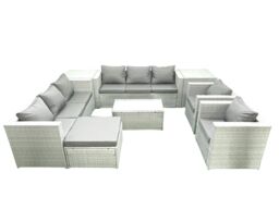 Fimous Outdoor Rattan Sofa Garden Furniture Set with 2 Armchairs Oblong Coffee Table Big Footstool 2 Side Tables Light Grey Mixed - thumbnail 1