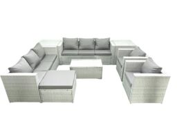 Fimous Outdoor Rattan Sofa Garden Furniture Set with 2 Armchairs Oblong Coffee Table Big Footstool 2 Side Tables Light Grey Mixed - thumbnail 2