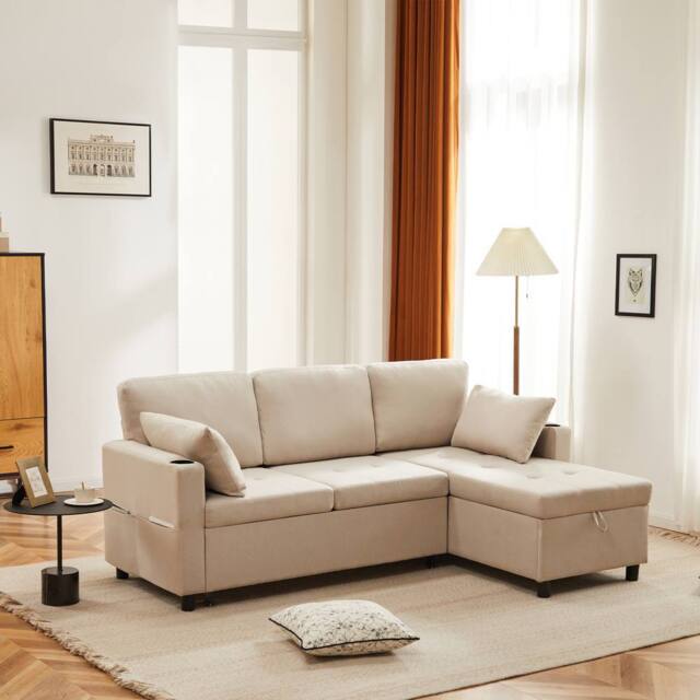 Merax 3-Seater L-Shaped Convertible Pull-Out Corner Sofa Bed with Storage in Beige - image 1