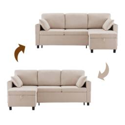 Merax 3-Seater L-Shaped Convertible Pull-Out Corner Sofa Bed with Storage in Beige - thumbnail 7