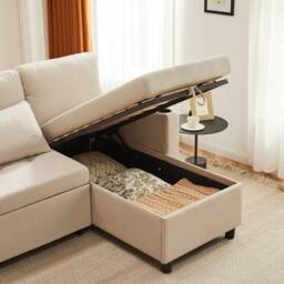 Merax 3-Seater L-Shaped Convertible Pull-Out Corner Sofa Bed with Storage in Beige - thumbnail 8