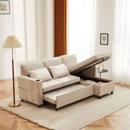Merax 3-Seater L-Shaped Convertible Pull-Out Corner Sofa Bed with Storage in Beige - thumbnail 2
