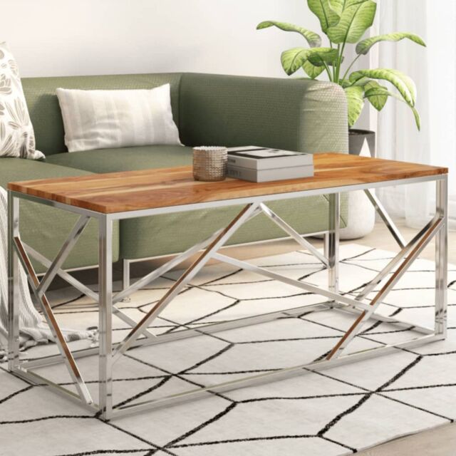 Berkfield Home Coffee Table Silver Stainless Steel & Solid Acacia Wood - image 1
