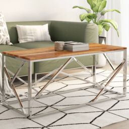 Berkfield Home Coffee Table Silver Stainless Steel & Solid Acacia Wood - thumbnail 1