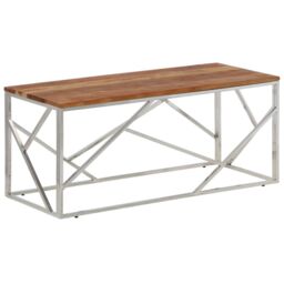 Berkfield Home Coffee Table Silver Stainless Steel & Solid Acacia Wood - thumbnail 2