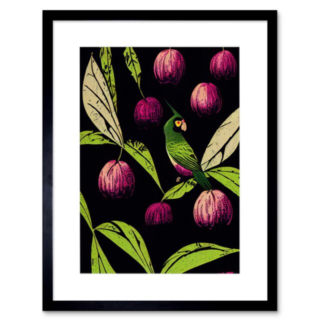 "Artery8 Wall Art Print Parrot in Tree Fruit Bright Green & Purple Black Colour Linocut Modern Vintage Artwork Framed 9X7 Inch - Size: W7"" x H9""" - image 1