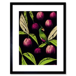 "Artery8 Wall Art Print Parrot in Tree Fruit Bright Green & Purple Black Colour Linocut Modern Vintage Artwork Framed 9X7 Inch - Size: W7"" x H9""" - thumbnail 1