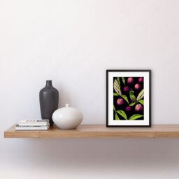 "Artery8 Wall Art Print Parrot in Tree Fruit Bright Green & Purple Black Colour Linocut Modern Vintage Artwork Framed 9X7 Inch - Size: W7"" x H9""" - thumbnail 2
