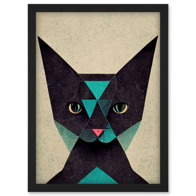 Artery8 Geometric Black Cat Teal Fun Quirky Artwork Framed Wall Art Print A4 - image 1