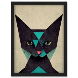 Artery8 Geometric Black Cat Teal Fun Quirky Artwork Framed Wall Art Print A4 - thumbnail 1