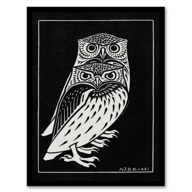 Artery8 Julie de Graag Framed Wall Art Print Two Owls Vintage Animal Painting in Black - Size: A4 - image 1