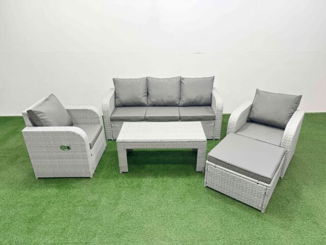 Fimous PE Rattan Garden Furniture Set Reclining Chair Sofa Lounge Sofa Set Rectangular Coffee Table Big Footstool Light Grey - image 1