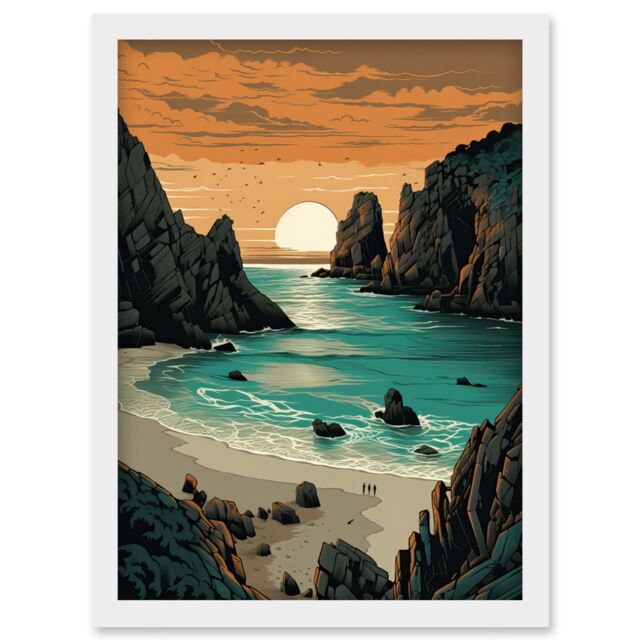 Artery8 Porthcurno Beach Sunrise Coastal Landscape Artwork Framed Wall Art Print A4 in White - image 1