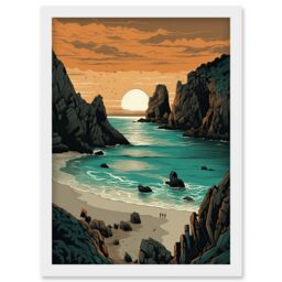 Artery8 Porthcurno Beach Sunrise Coastal Landscape Artwork Framed Wall Art Print A4 in White - thumbnail 1