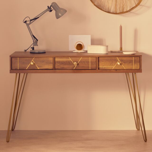 Orsina Timeless Design Desk, Ample Storage Metallic Furniture, Compact & Versatile Three Drawer Work Desk in Brown - image 1