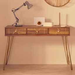 Orsina Timeless Design Desk, Ample Storage Metallic Furniture, Compact & Versatile Three Drawer Work Desk in Brown - thumbnail 1