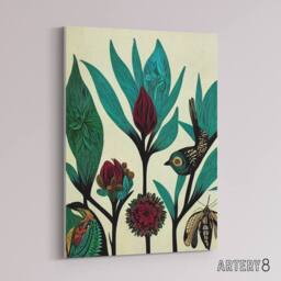 "Artery8 Folk Art Flowers Birds Canvas Wall Art Print in Blue - Size: W18"" x H24""" - thumbnail 2