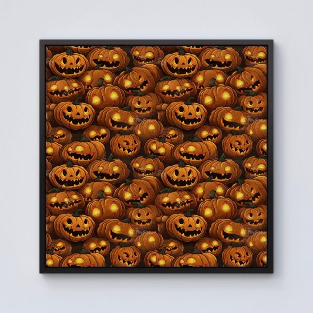 "Warren Reed - Designer Grinning Lanterns Pumpkins With Glowing Eyes Framed Canvas in Black - Size: W16"" x H16""" - image 1