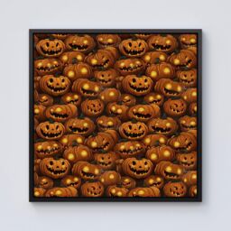 "Warren Reed - Designer Grinning Lanterns Pumpkins With Glowing Eyes Framed Canvas in Black - Size: W16"" x H16""" - thumbnail 1