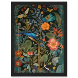 Artery8 Birds & Butterflies Modern Flower Art Nouveau Artwork Framed Wall Art Print A4 in Black - thumbnail 1
