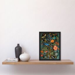 Artery8 Birds & Butterflies Modern Flower Art Nouveau Artwork Framed Wall Art Print A4 in Black - thumbnail 2