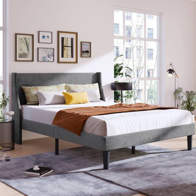 Matteo Double Bed - Grey Velvet - Upholstered Frame with Winged Headboard - image 1