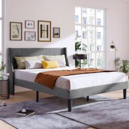 Matteo Double Bed - Grey Velvet - Upholstered Frame with Winged Headboard