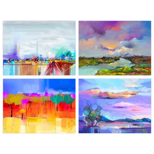 Artery8 Wall Art Print Pack of 4 A4 Bright Multicoloured Coastal Landscape Abstract Oil Painting Living Room s Set - image 1