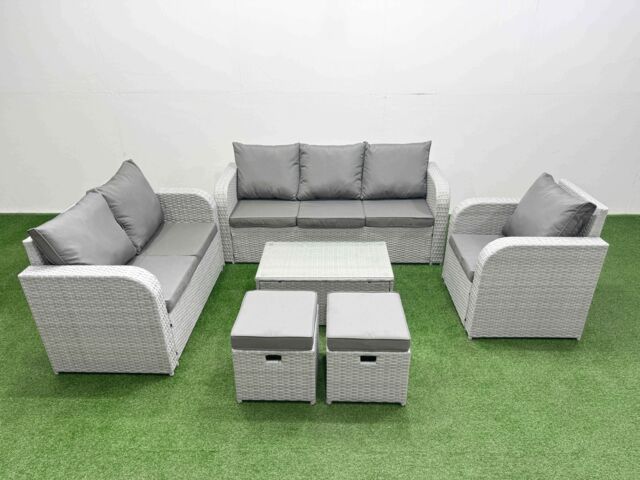 Fimous Patio PE Wicker 8 Seater Outdoor Rattan Furniture Sofa Sets w/ Rectangular Coffee Table Reclining Chair Loveseat Sofa 3 Seater Sofa Stool - image 1