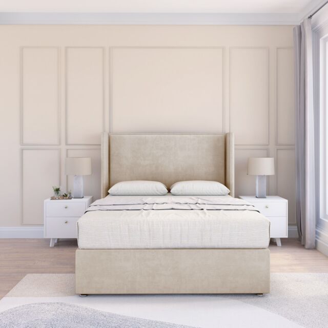 "Sloomy Devonshire Plush Wingback Bed Set, No Drawers & 54"" Floor Standing Headboard in Cream - Size: Single" - image 1