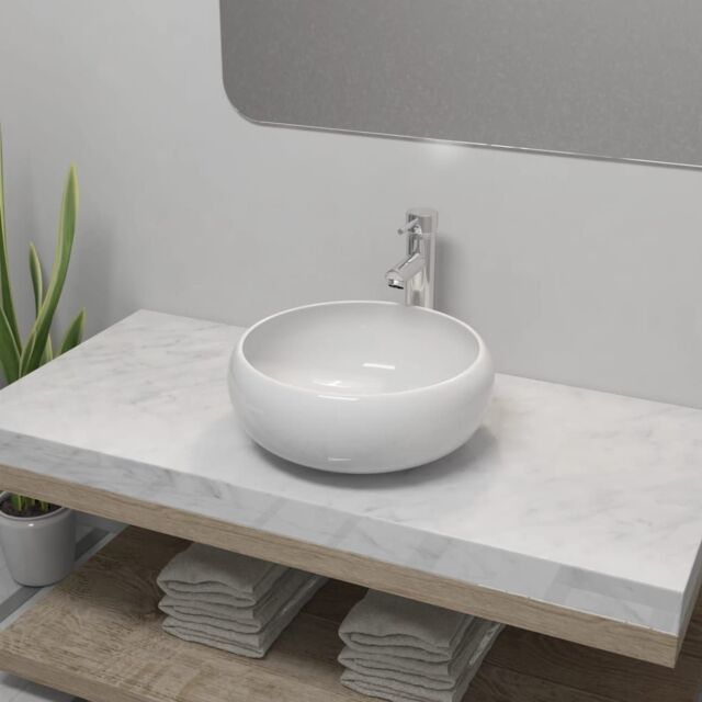 Berkfield Home Bathroom Basin with Mixer Tap Ceramic Round White - image 1