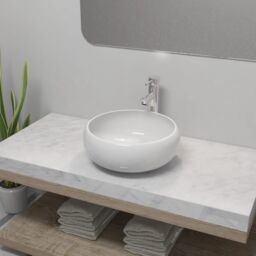 Berkfield Home Bathroom Basin with Mixer Tap Ceramic Round White - thumbnail 1