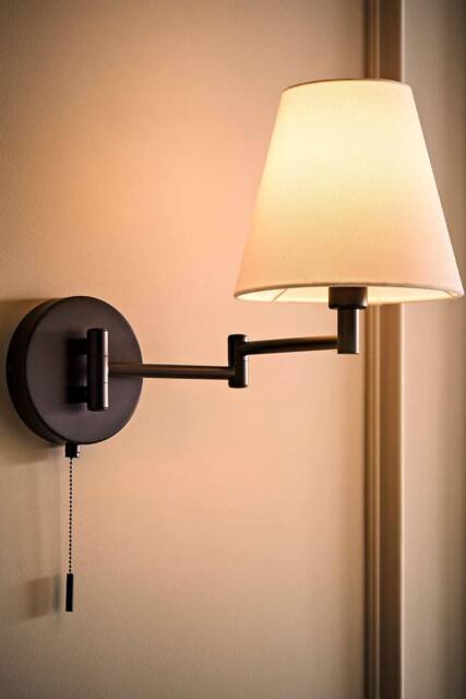 ValueLights Sonia Adjustable Swing Arm Wall Light with Taper Linen Shade & Bulb in Black - image 1