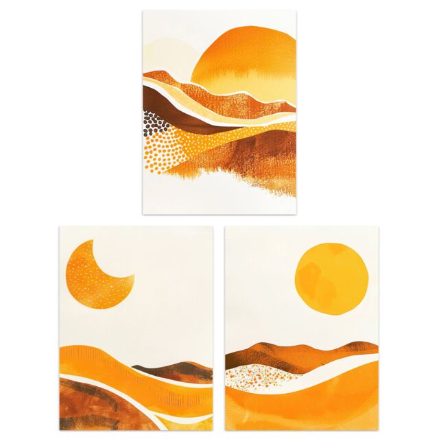 "Artery8 Set of 3 Abstract Amber Mountain Landscape Moon 12X16"" Wall Art Prints in Orange - Size: W12"" x H16""" - image 1