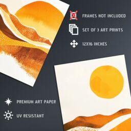 "Artery8 Set of 3 Abstract Amber Mountain Landscape Moon 12X16"" Wall Art Prints in Orange - Size: W12"" x H16""" - thumbnail 4