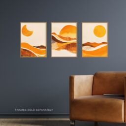"Artery8 Set of 3 Abstract Amber Mountain Landscape Moon 12X16"" Wall Art Prints in Orange - Size: W12"" x H16""" - thumbnail 2