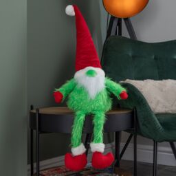 Samuel Alexander 35cm Soft Green Fur Christmas Sitting Gronk Decoration with Santa Hat - thumbnail 1