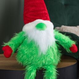 Samuel Alexander 35cm Soft Green Fur Christmas Sitting Gronk Decoration with Santa Hat - thumbnail 4