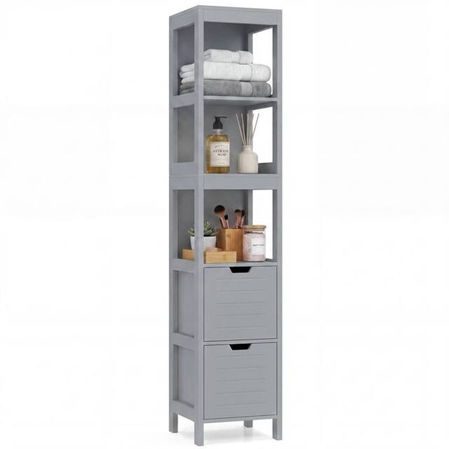 Costway Bathroom Storage Cabinet Narrow Floor Cabinet w/2 Drawers & 3 Shelves in Grey - image 1