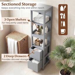 Costway Bathroom Storage Cabinet Narrow Floor Cabinet w/2 Drawers & 3 Shelves in Grey - thumbnail 9