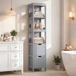 Costway Bathroom Storage Cabinet Narrow Floor Cabinet w/2 Drawers & 3 Shelves in Grey - thumbnail 5