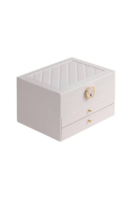 Dyzi Women's 3 Layer PU Leather Jewellery Box Organiser with Drawers White - image 1