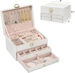 Dyzi Women's 3 Layer PU Leather Jewellery Box Organiser with Drawers White - thumbnail 4
