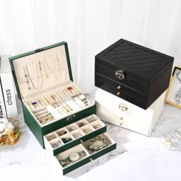 Dyzi Women's 3 Layer PU Leather Jewellery Box Organiser with Drawers White - thumbnail 3