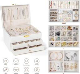 Dyzi Women's 3 Layer PU Leather Jewellery Box Organiser with Drawers White - thumbnail 6