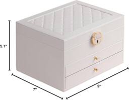 Dyzi Women's 3 Layer PU Leather Jewellery Box Organiser with Drawers White - thumbnail 2